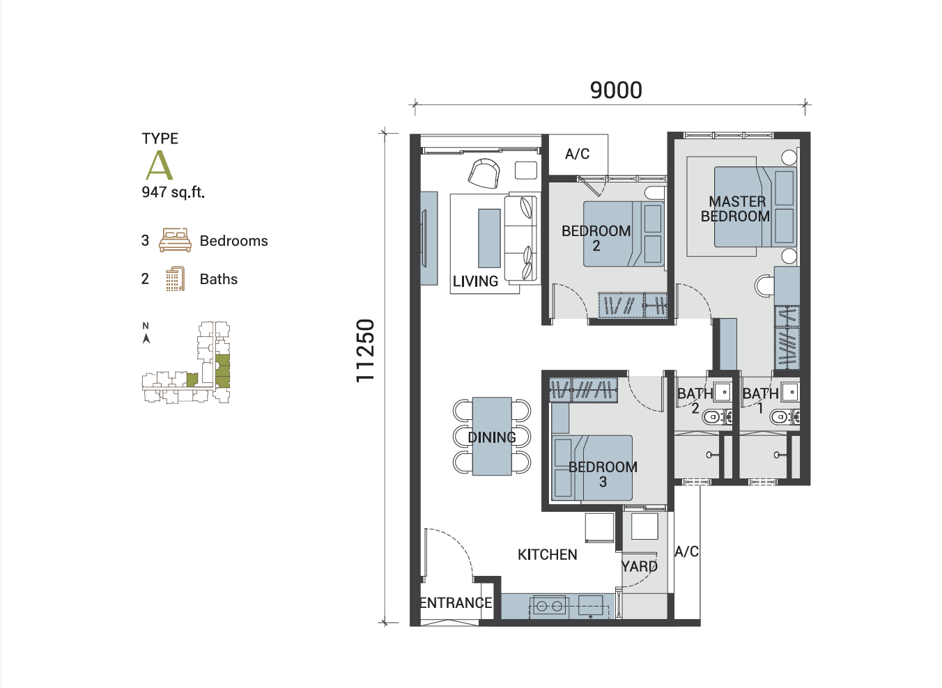 Type A — 947 sqft