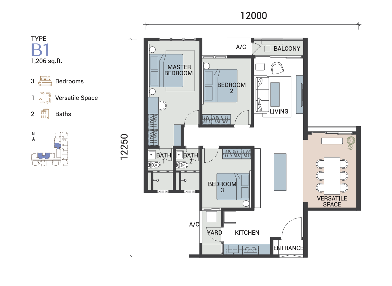 Type B1 (Dual Key) — 1206 sqft
