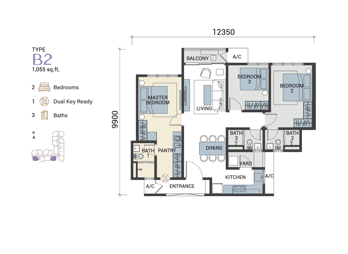 Type B2 (Dual Key) — 1055 sqft