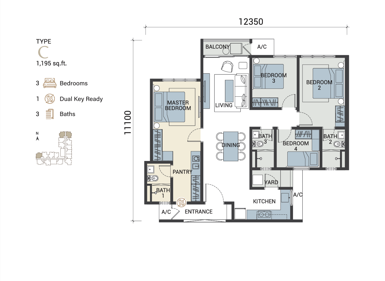 Type C (Dual Key) — 1195 sqft