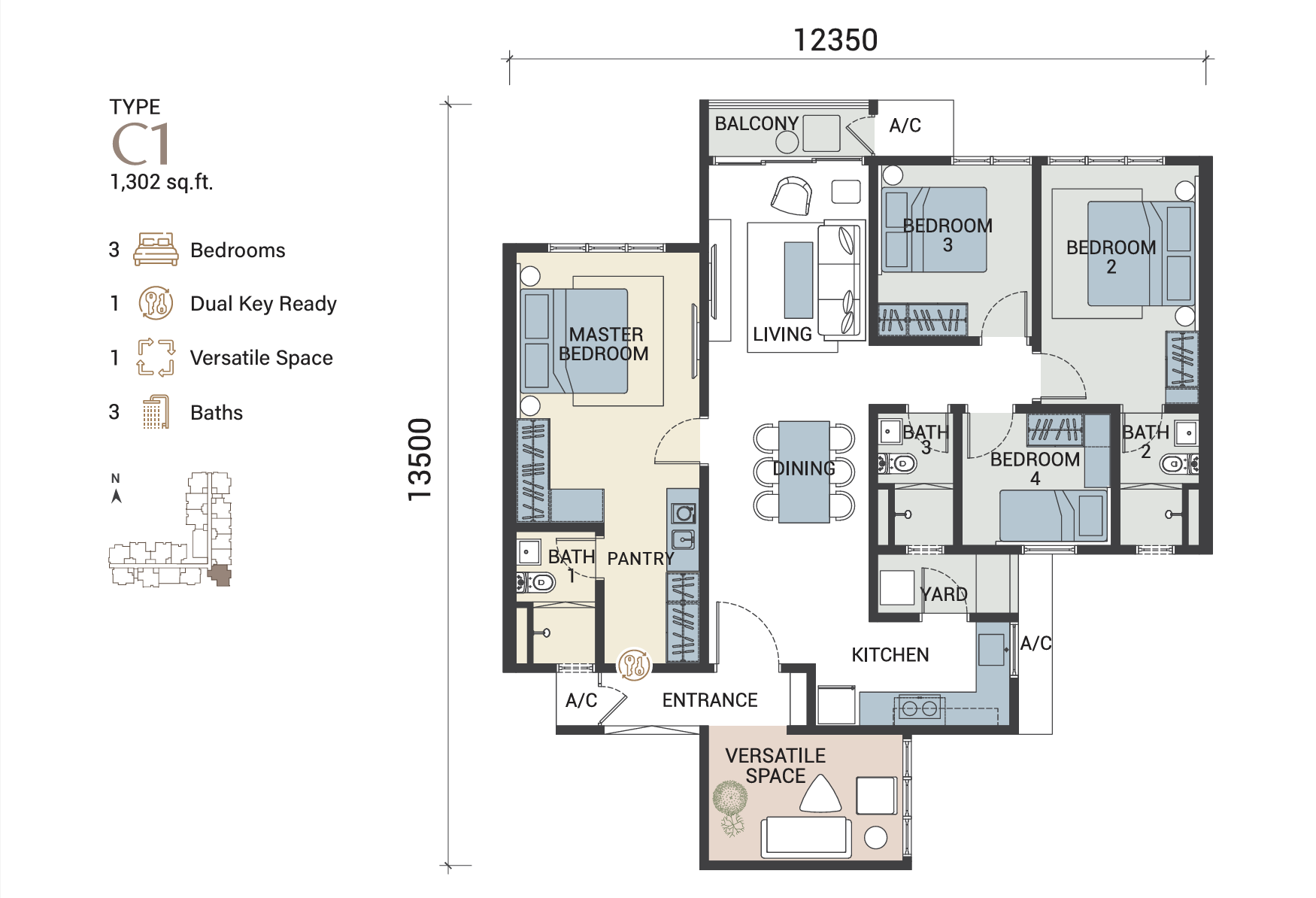 Type C1 (Dual Key) — 1302 sqft