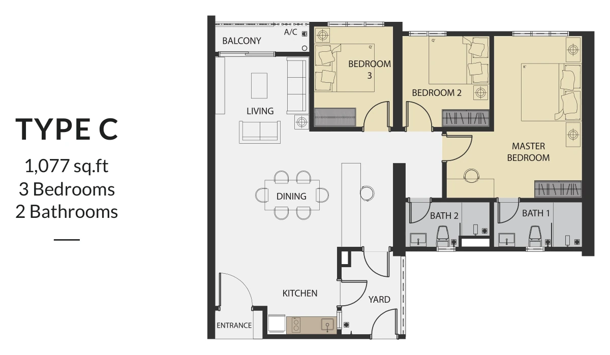 Type C — 1,077 sqft