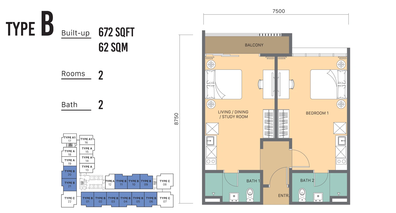 Type B (Dual Key) — 672 sqft