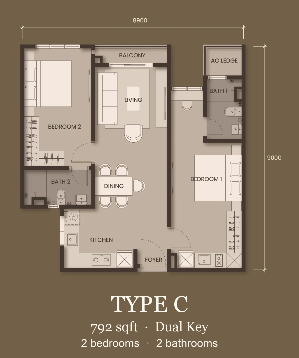 Type C (Dual Key) — 792 sqft