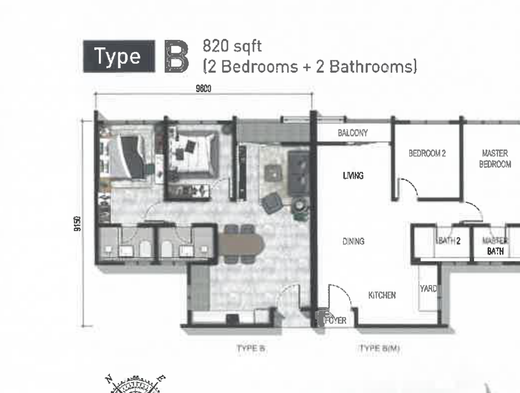 Type B — 820 sqft