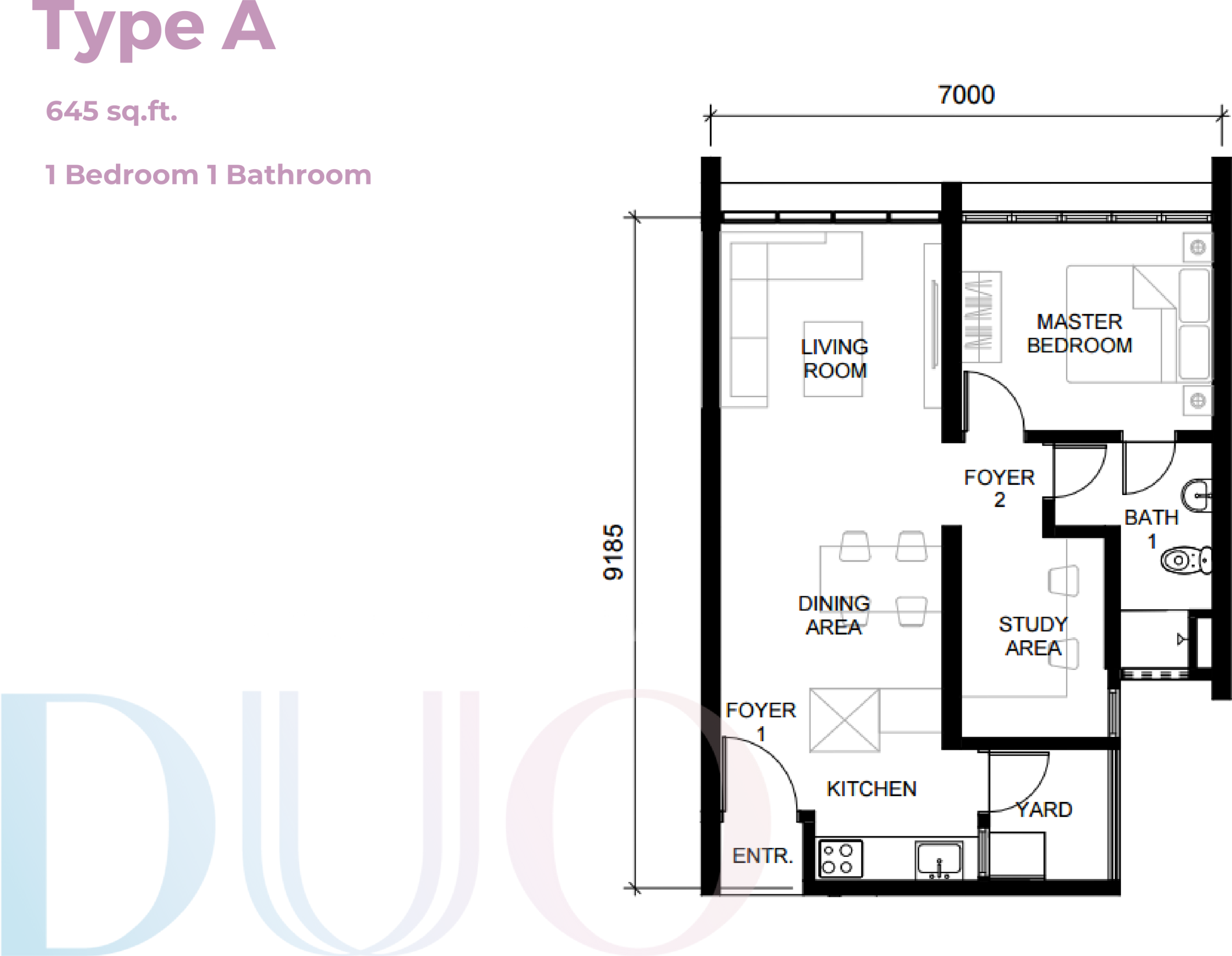 Type 1 Bedroom — 645 sqft