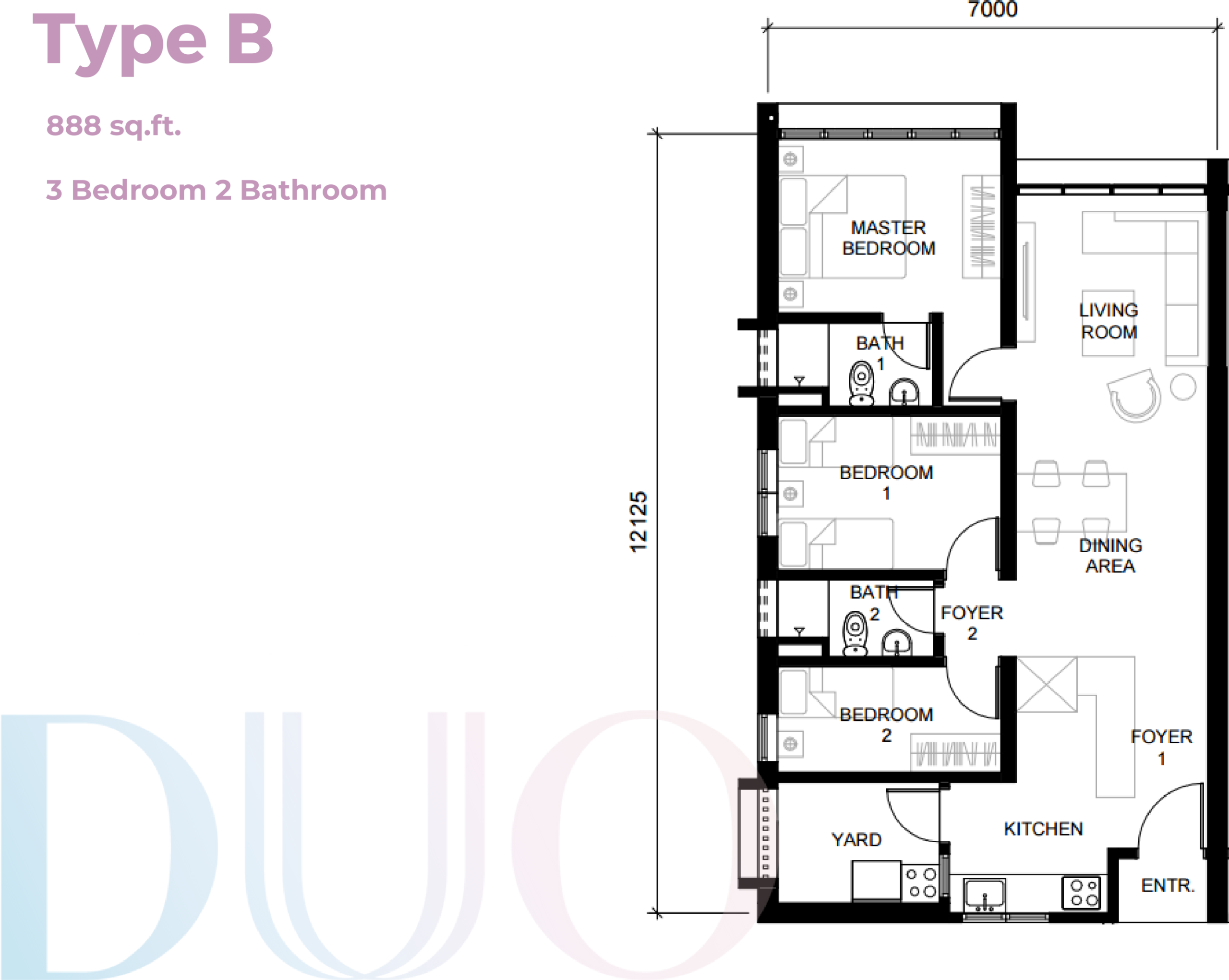 Type 3 Bedroom — 888 sqft