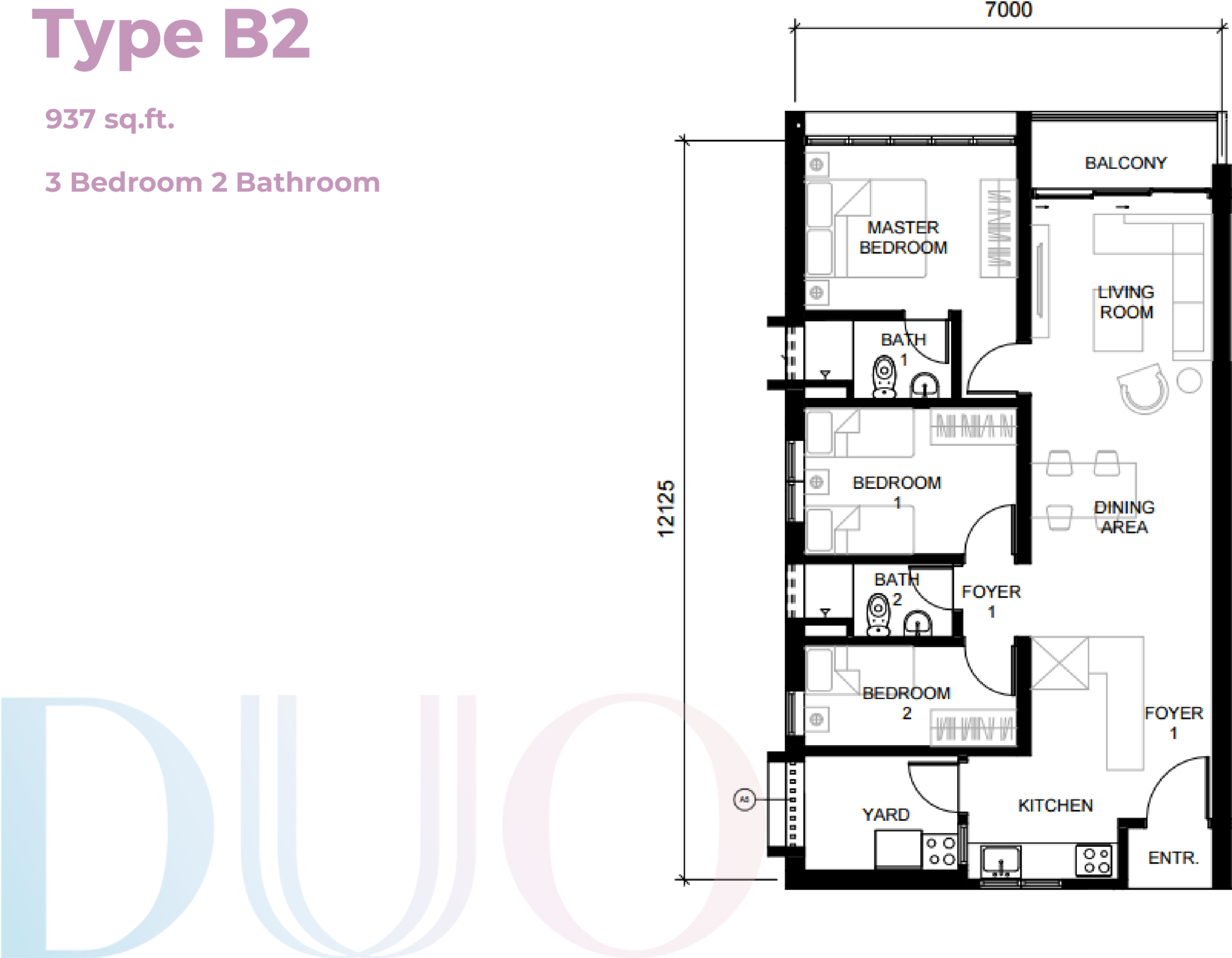 Type 3 Bedroom (B) — 937 sqft