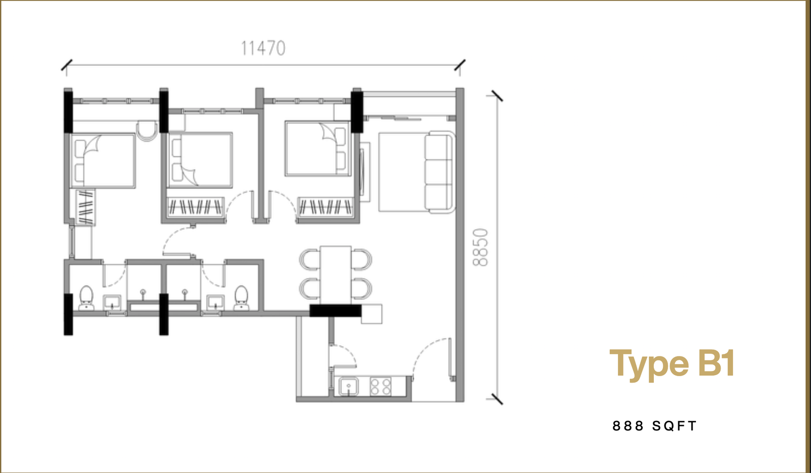 Type B1 — 888 sqft