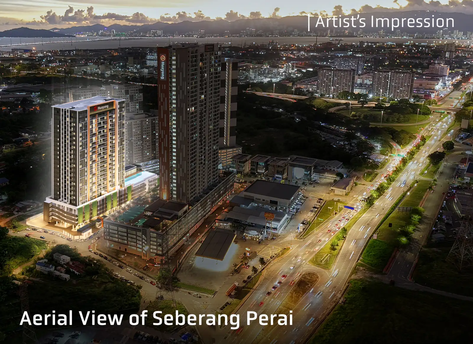 Aerial view of Altus Residency over Seberang Perai with the Penang Bridge beyond