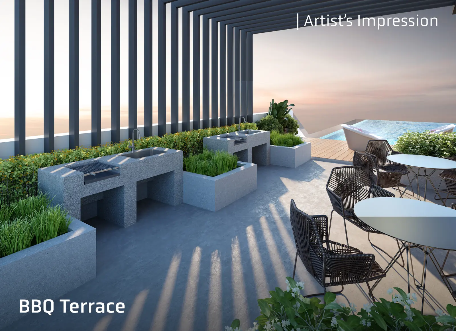 Altus Residency BBQ terrace beside the pool deck