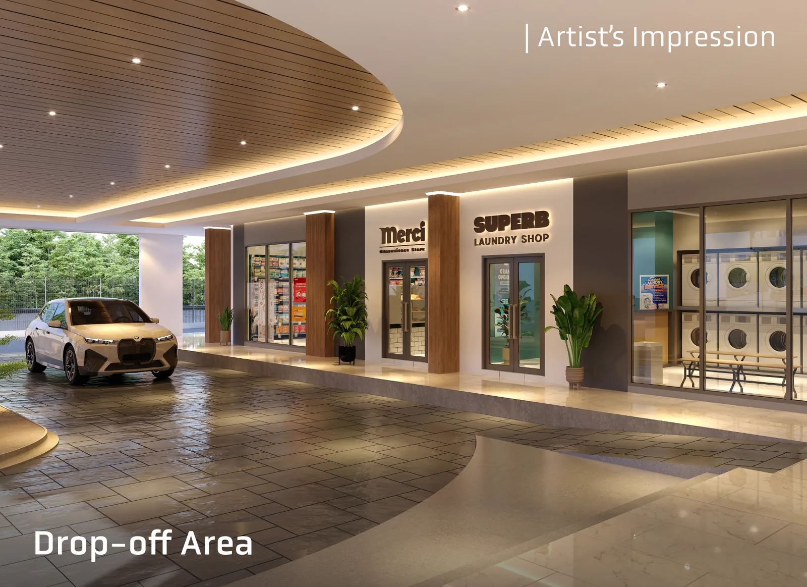 Altus Residency covered drop-off area with convenience store and laundry shop