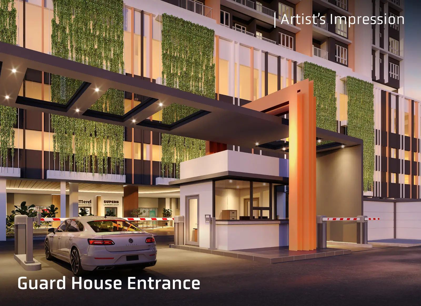 Altus Residency guard house entrance with green wall facade
