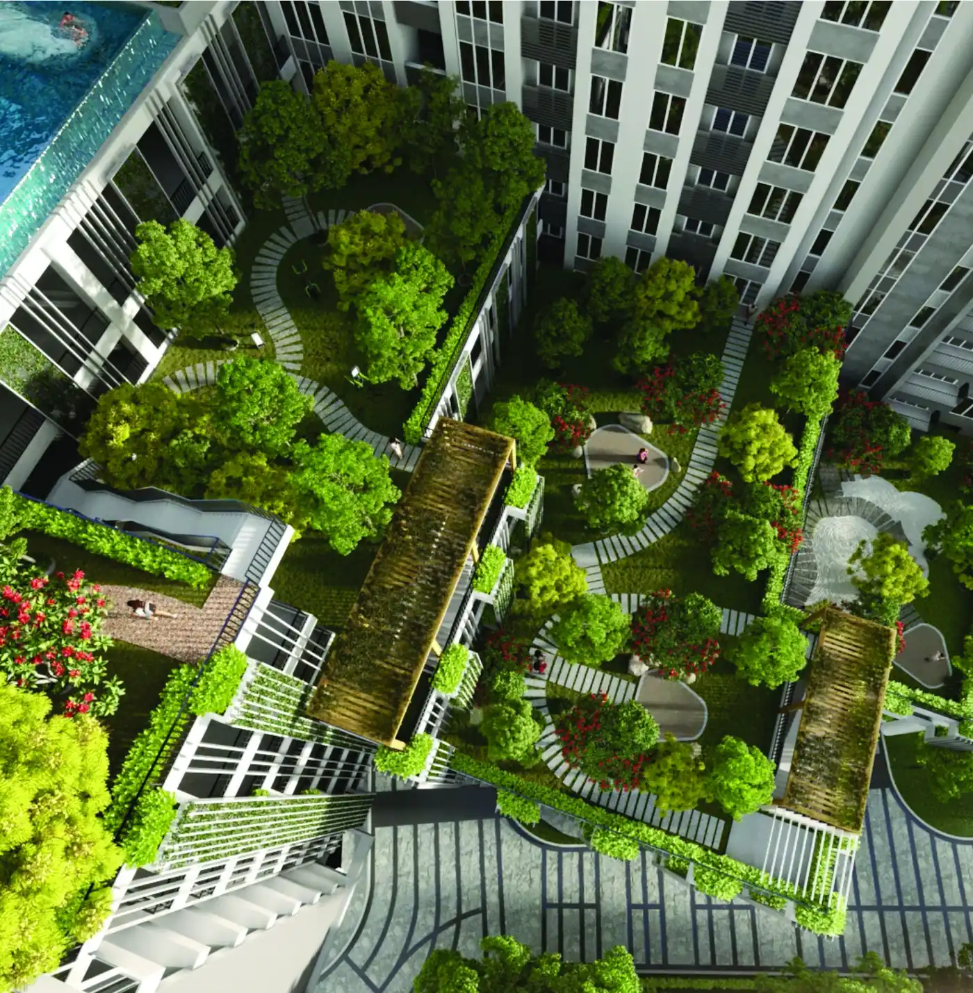 Arunya Residences cascading garden aerial view artist impression