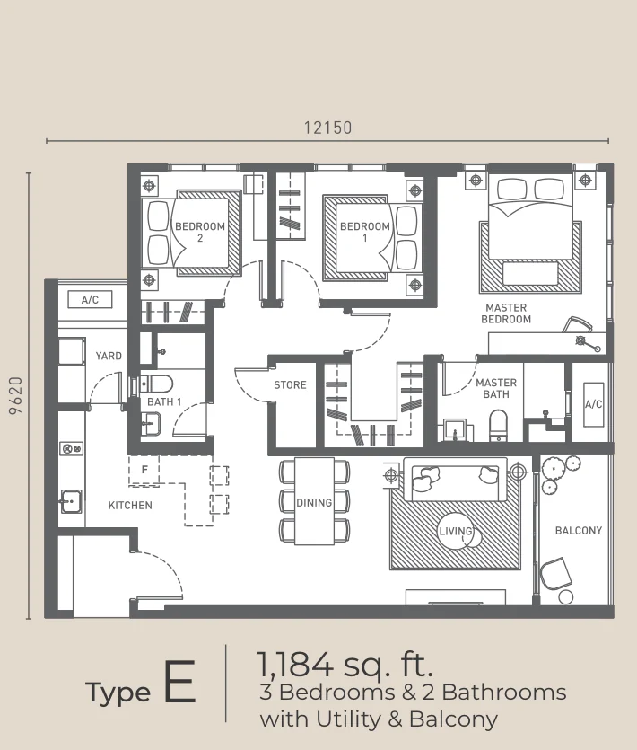 Type E — 1184 sqft