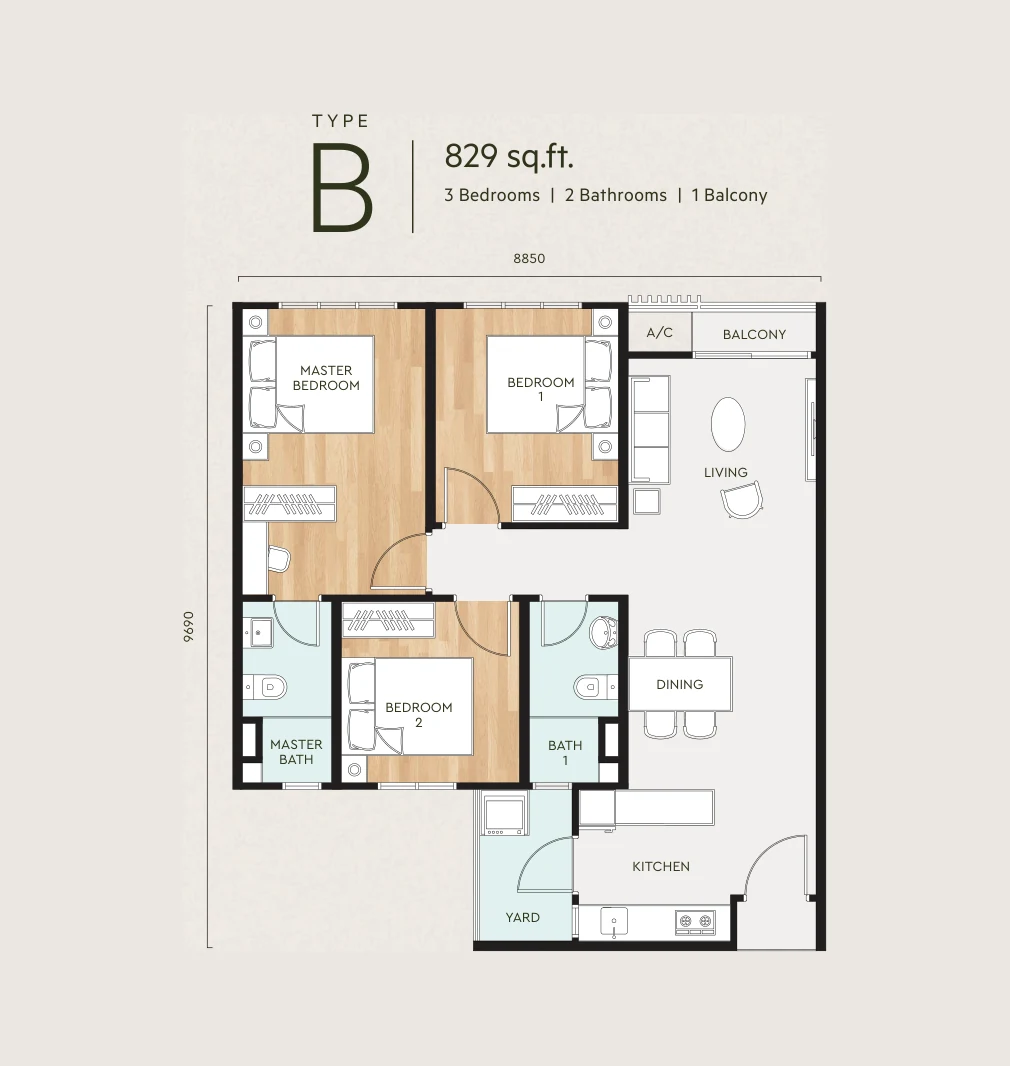 Type B — 829 sqft
