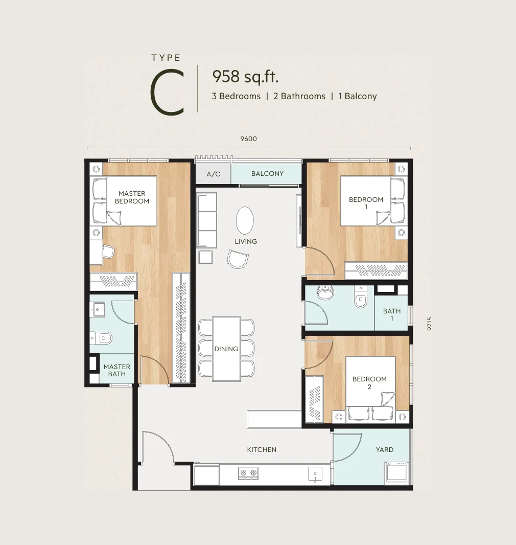 Type C — 958 sqft