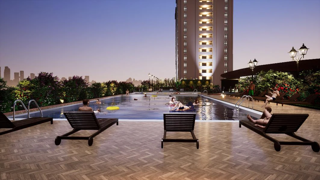 KSL Bukit Gemilang pool deck at dusk with the block behind