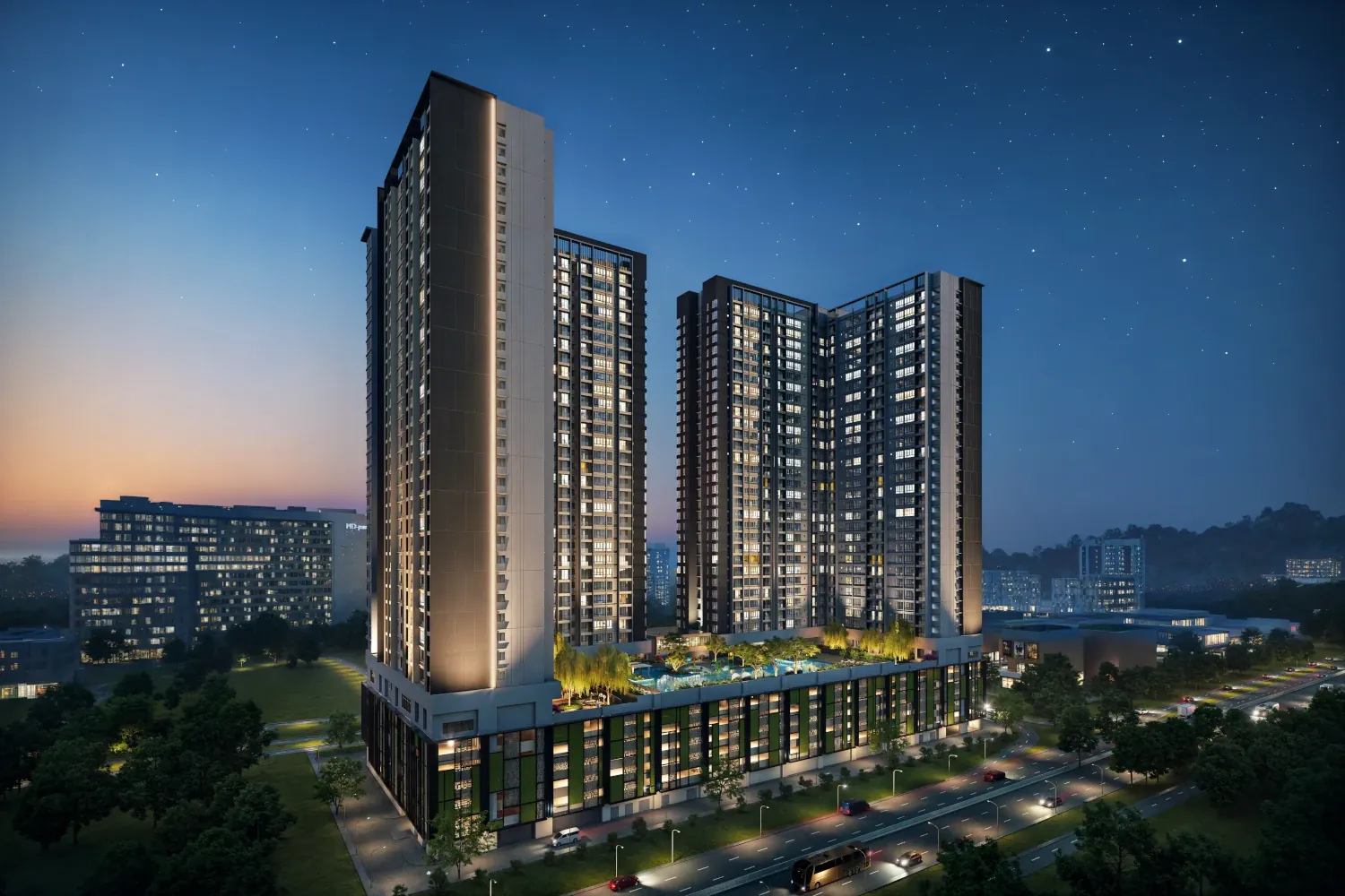 Calia Residence twin towers at night, Johor Bahru city area