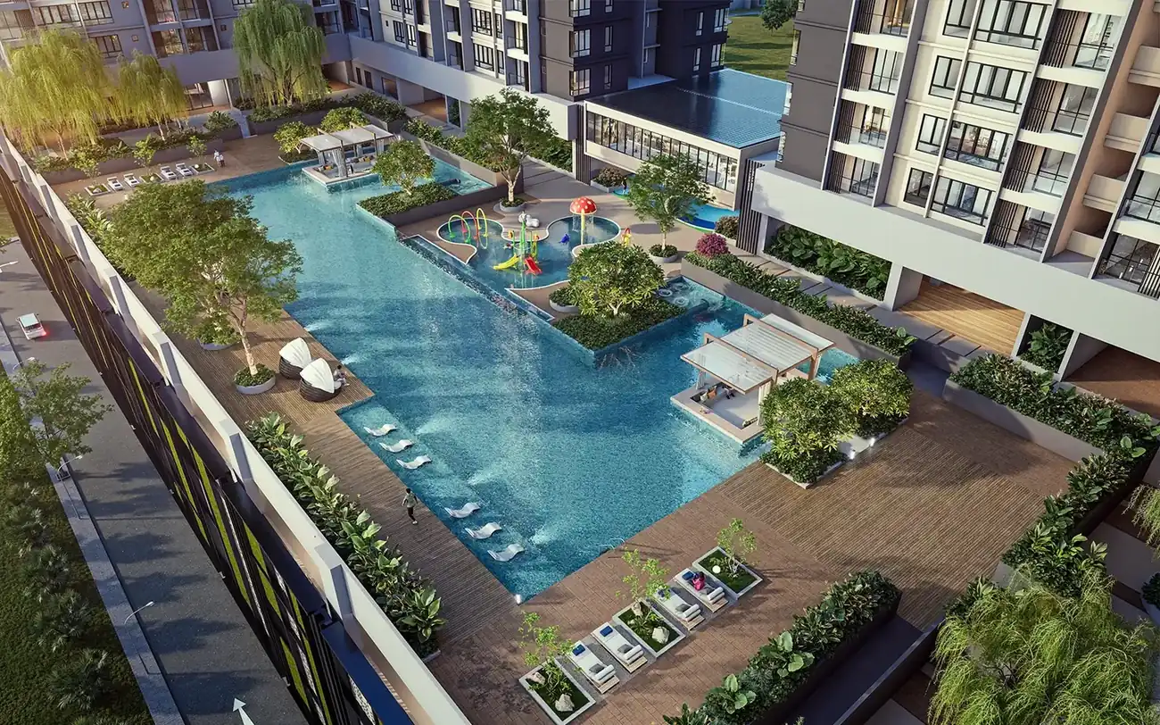 Calia Residence facilities podium seen from above, with kids fun pool and poolside terrace