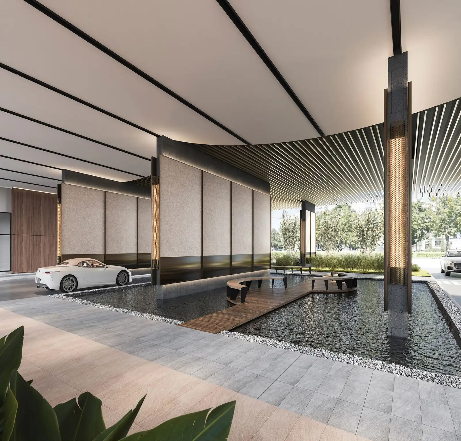 Crown Penang covered arrival court with reflecting water feature