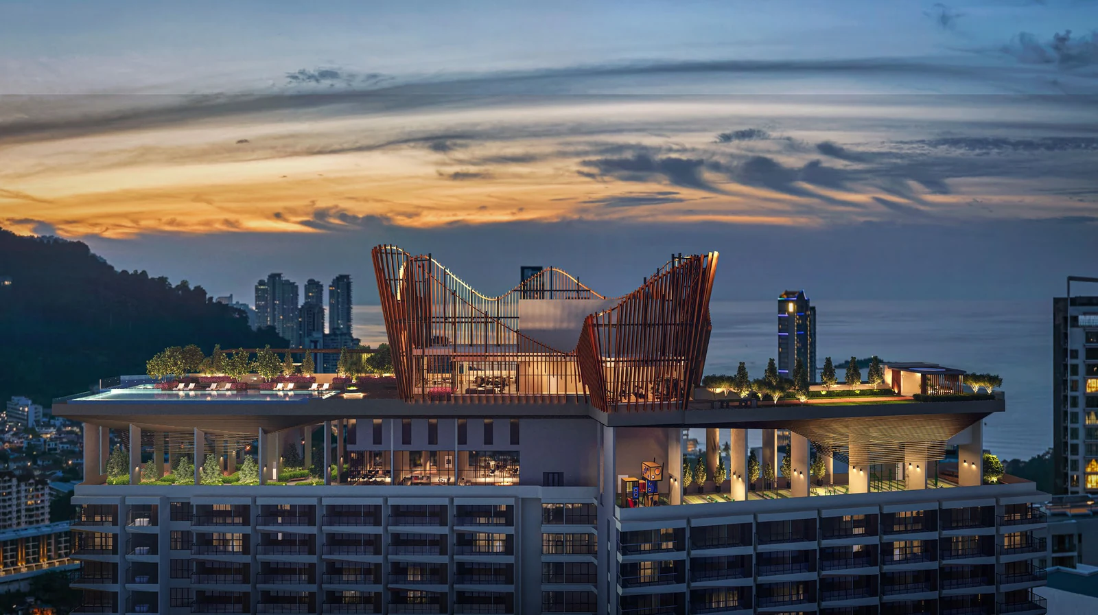 Crown Penang rooftop sky facilities seen from above at dusk