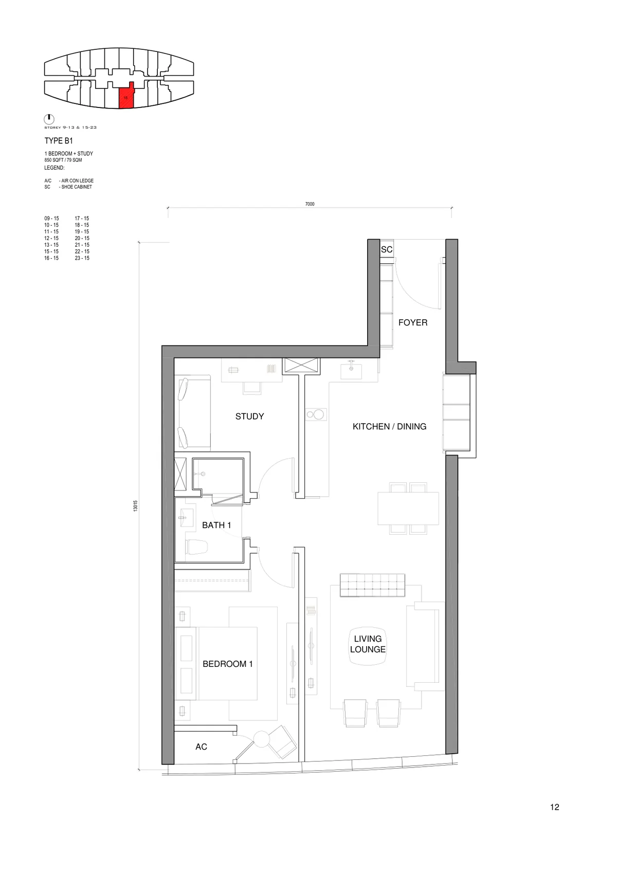 Type B (1 Bed + Study) — 797 - 872 sqft