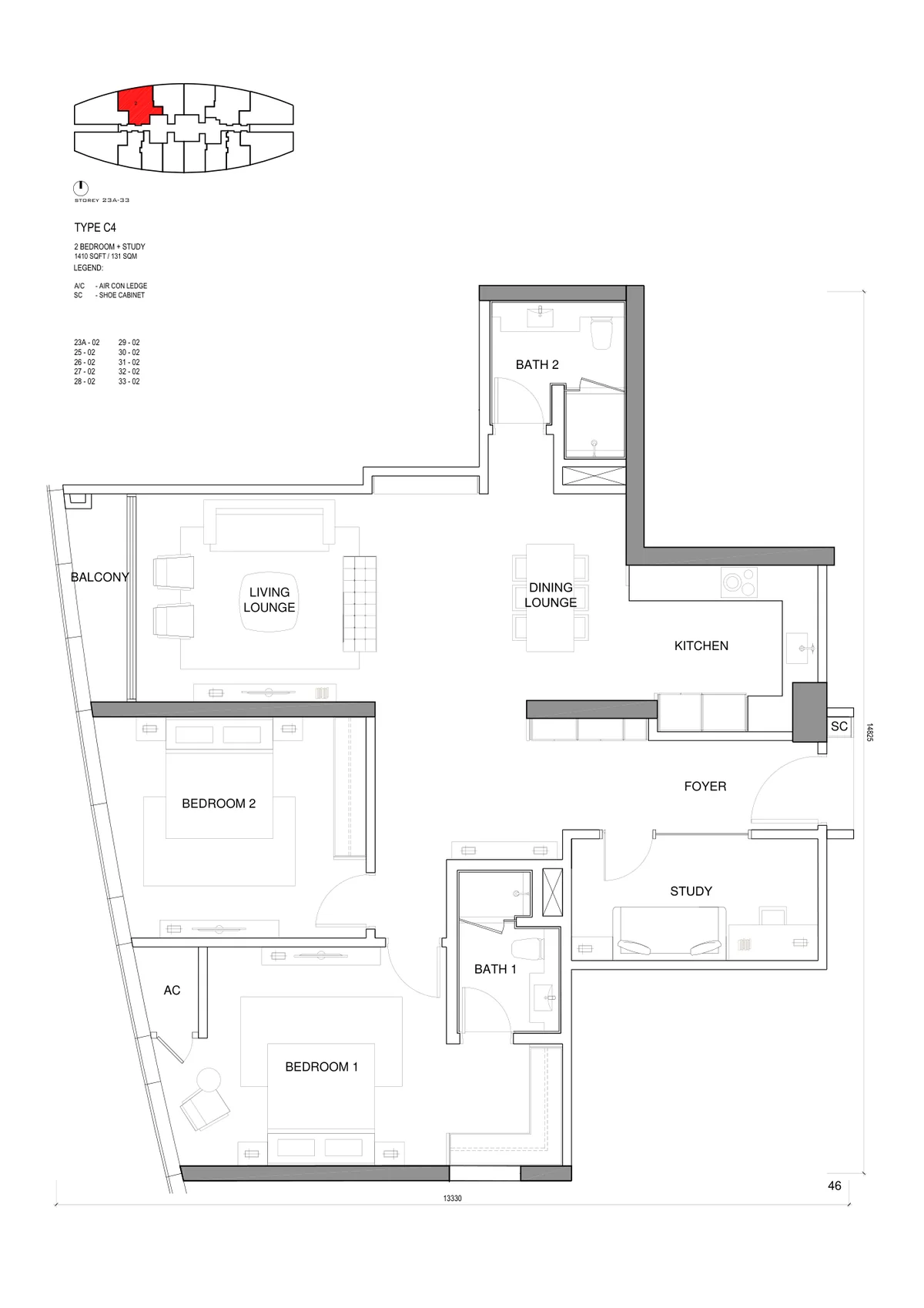 Type C4/C5 (2 Bed + Study) — 1,410 - 1,464 sqft