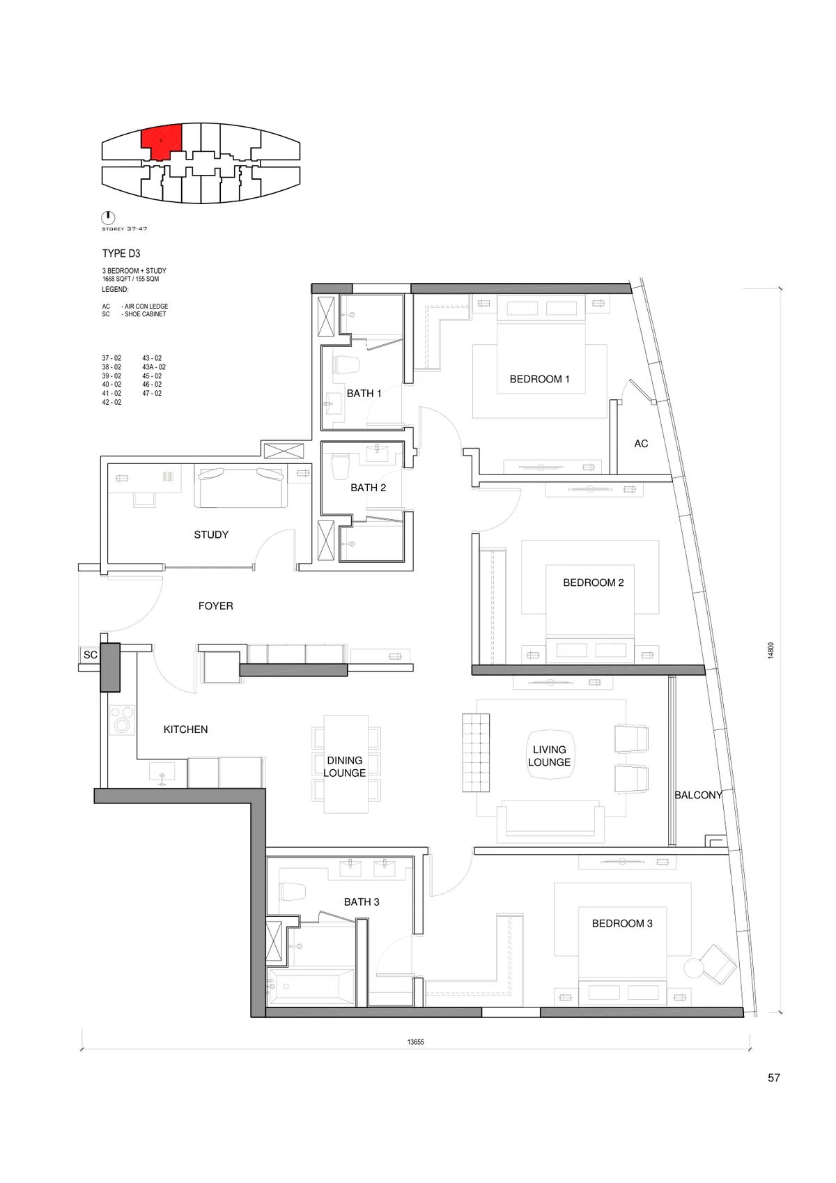 Type D3/D4 (3 Bed + Study) — 1,668 - 1,722 sqft