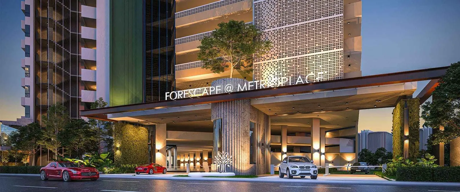 Forescape Metrioplace entrance facade at night