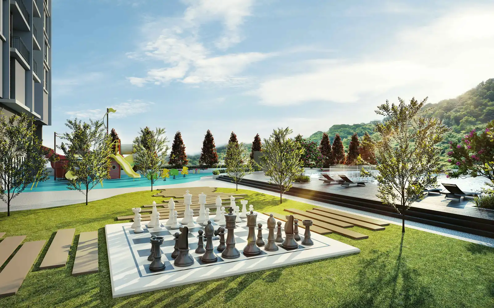 ForestHill Residences playground with lake and hill view