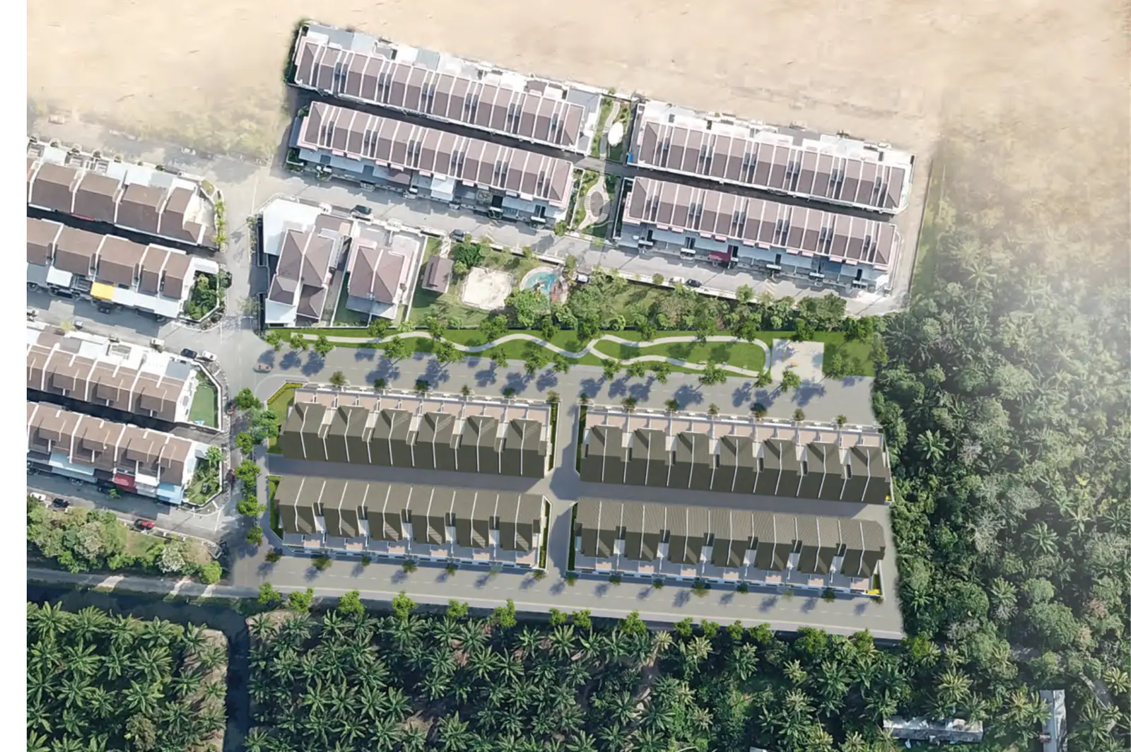 Frieden Bukit Minyak aerial view of the 52-home estate and central garden