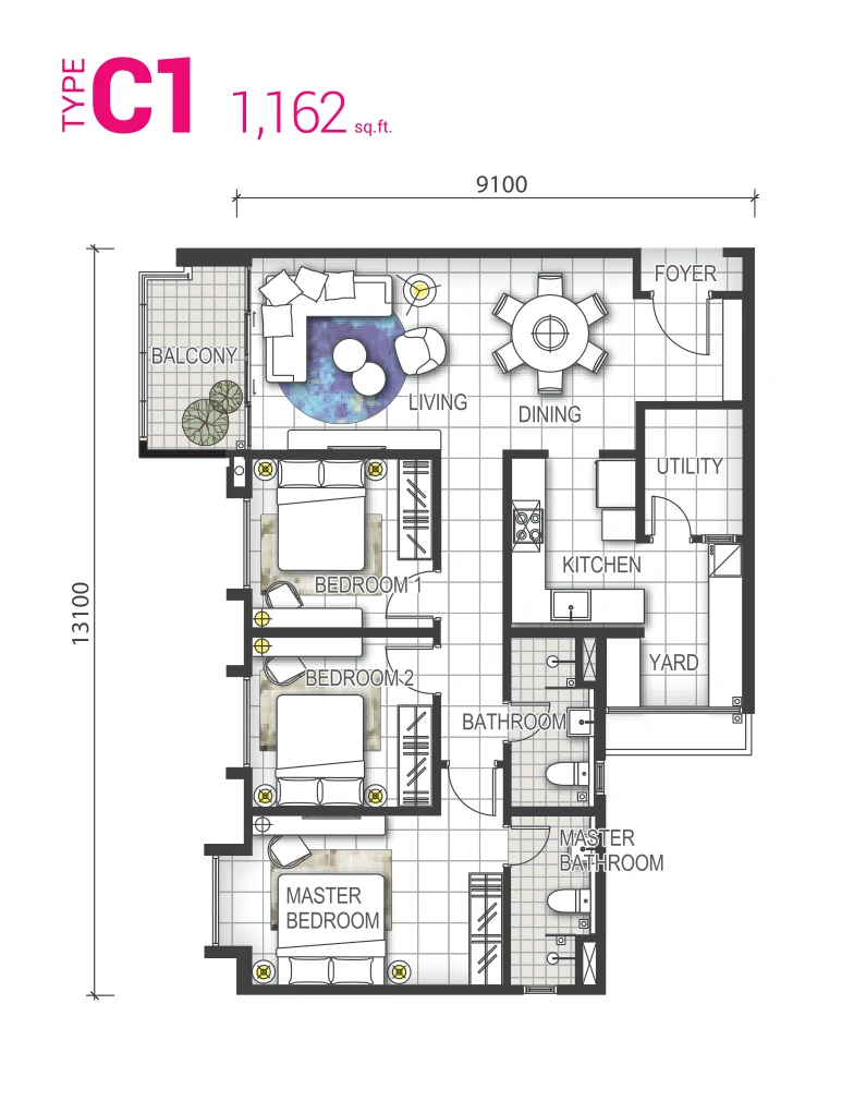 Type C1 — 1162 sqft
