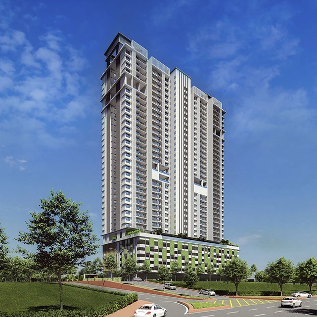 Goodwood Residence Penang tower elevation showing the green podium and 35 residential floors
