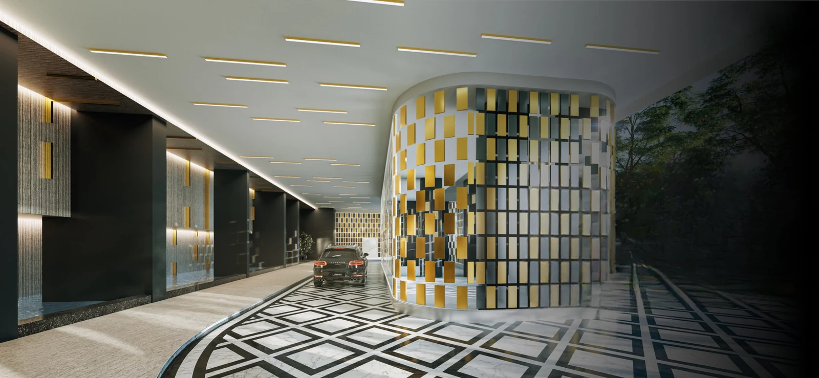 Lumina Residence hotel-inspired arrival court and lobby approach