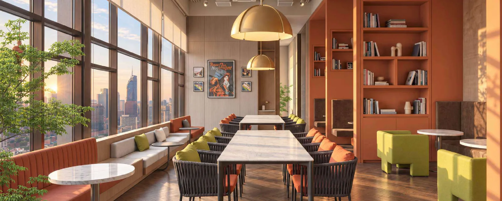 MABA Suitez Level 6 coworking lounge with long shared work tables beside floor-to-ceiling windows, artist's impression