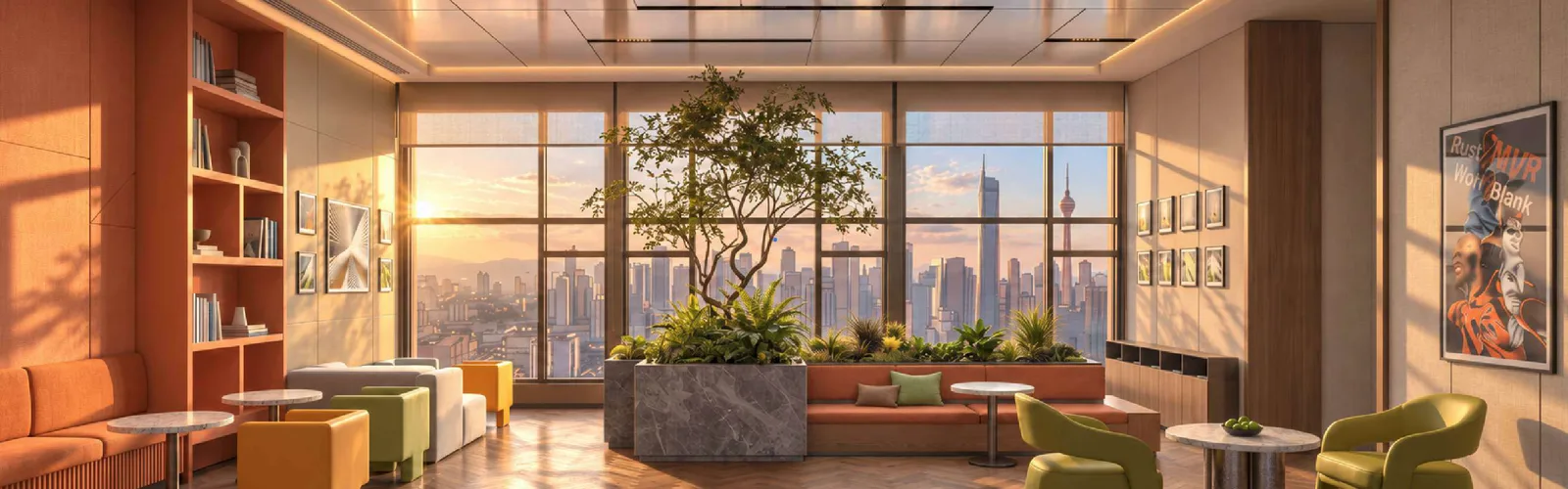 MABA Suitez Level 6 coworking lounge with sofa seating, bookshelves and a city view, artist's impression