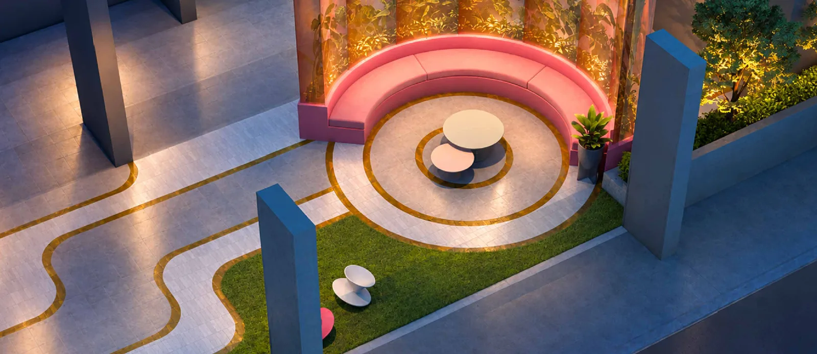 MABA Suitez Tower B garden lounge on Level 47 with a curved pink bench and lawn path, artist's impression