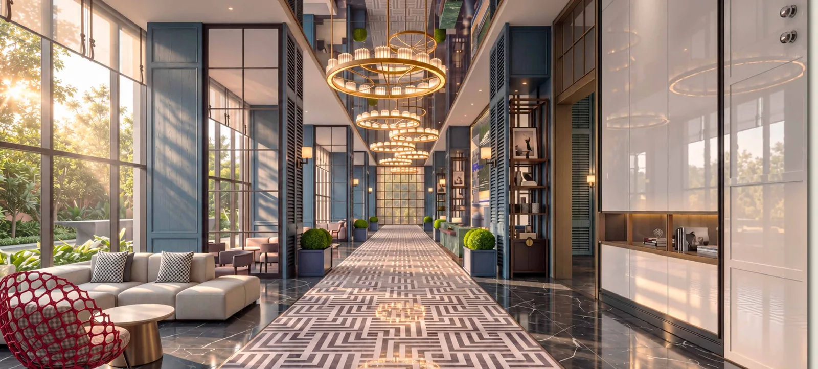 MABA Suitez ground-floor grand lobby, a long hall with patterned marble floor and ring chandeliers, artist's impression