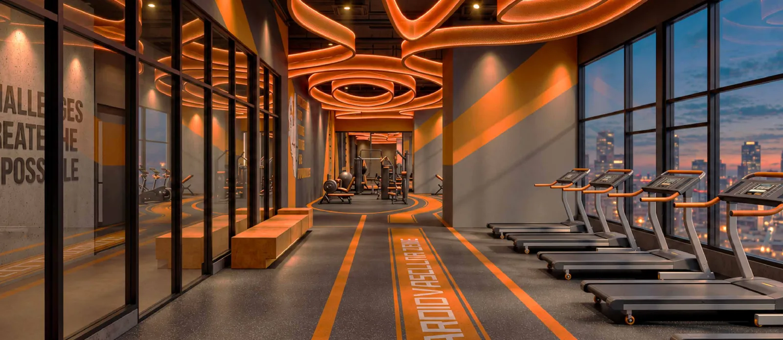 MABA Suitez gymnasium cardio zone with a row of treadmills facing the city skyline, artist's impression