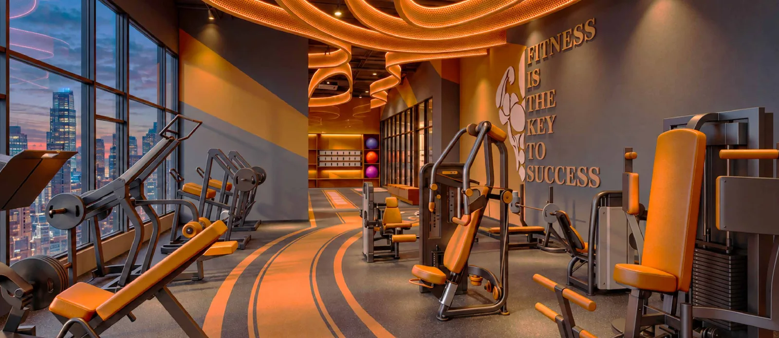 MABA Suitez Level 6 gymnasium with weight machines and orange ribbon ceiling lights, artist's impression
