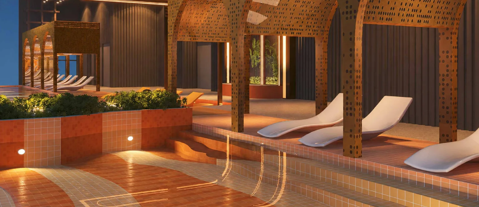 MABA Suitez Tower B kid's pool beside the Level 50 pool deck with loungers under perforated arches, artist's impression