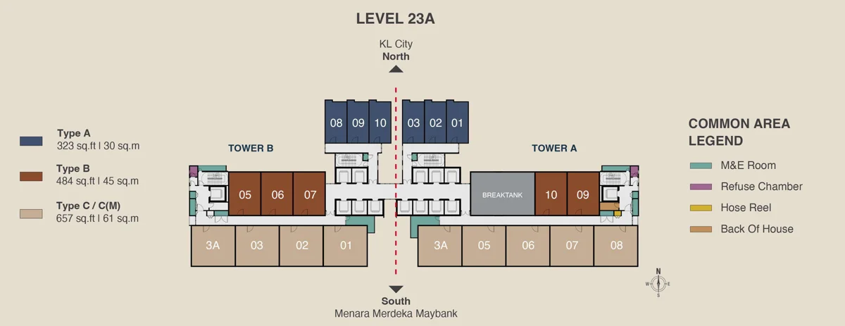 MABA Suitez Level 23A floor plan showing the break tank in Tower A
