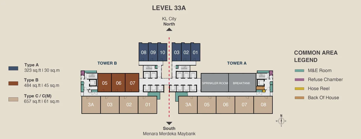 MABA Suitez Level 33A floor plan showing the sprinkler room and break tank in Tower A