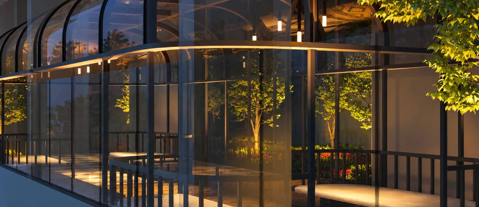 MABA Suitez Tower A loft lounge on Level 53A, a glass-walled pavilion among trees at night, artist's impression