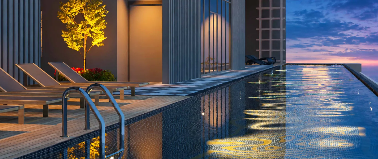 MABA Suitez Tower A luxe pool on the Level 53A sky deck at dusk, with sun loungers on a timber deck, artist's impression