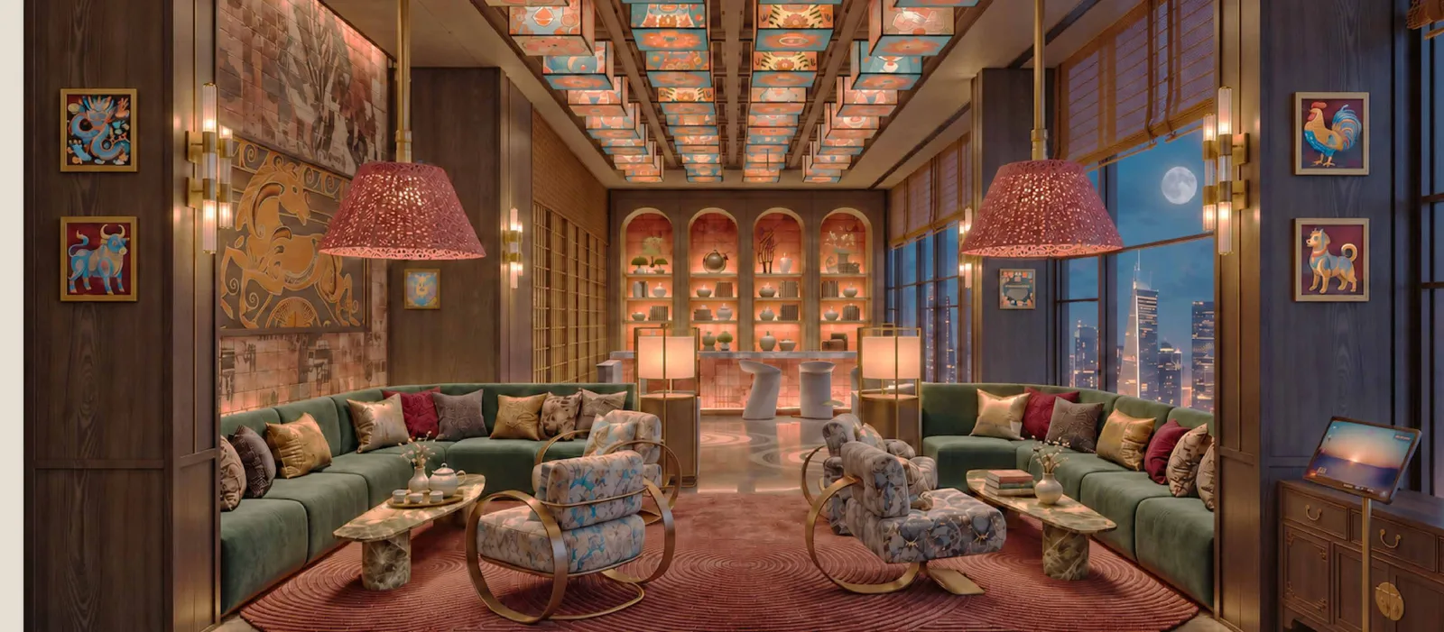 MABA Suitez Tower B music lounge on Level 47 with sofas, pendant lamps and painted wall panels, artist's impression
