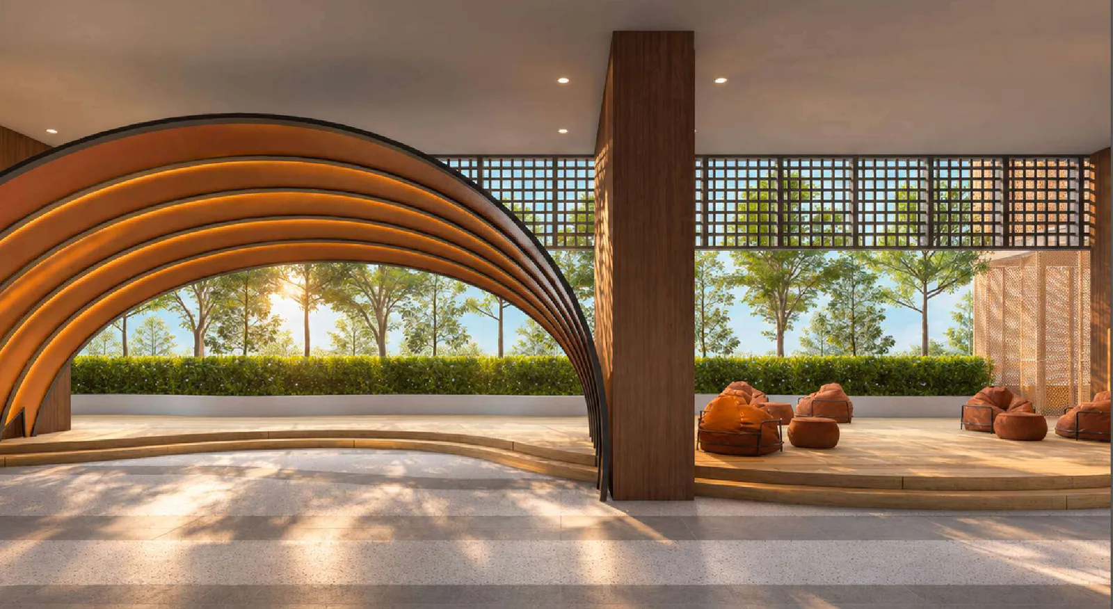 MABA Suitez The Playmaker Hub, an open-air podium deck under an arched timber canopy with bean bags, artist's impression
