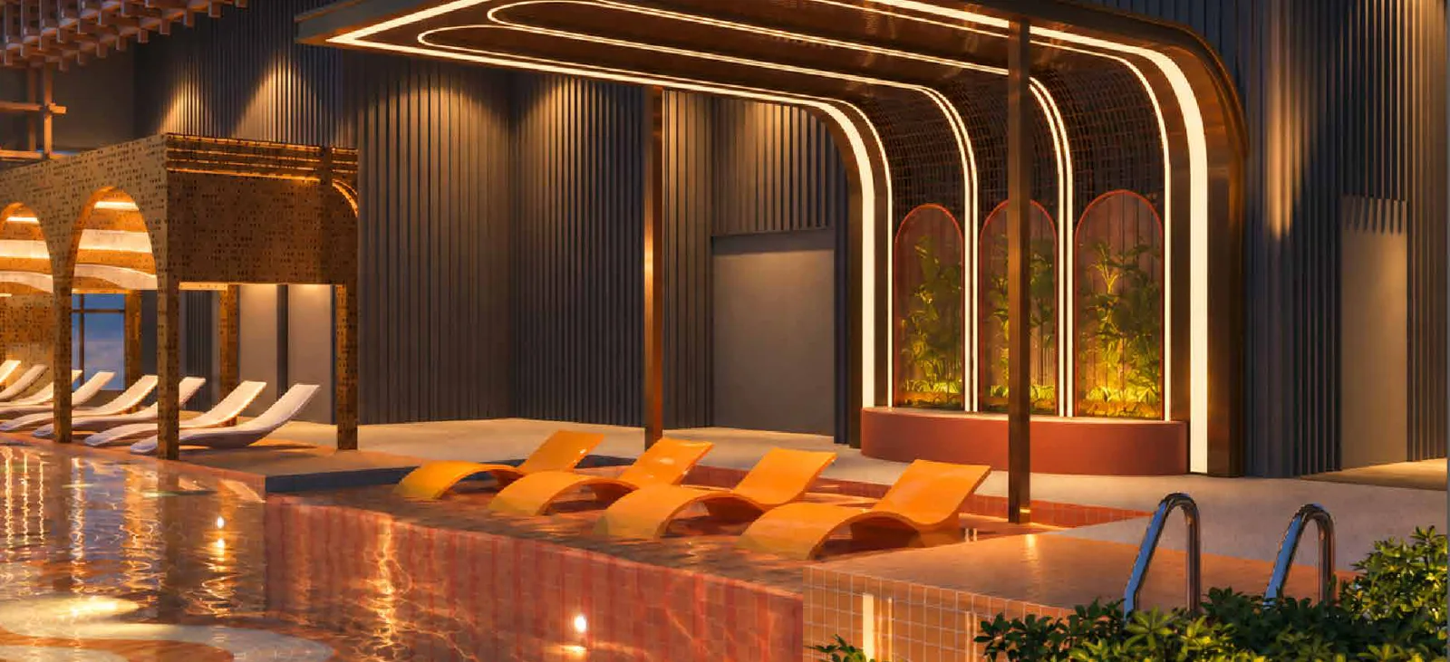 MABA Suitez Tower B sunlit pool on Level 50 with in-water loungers under an arched canopy, artist's impression