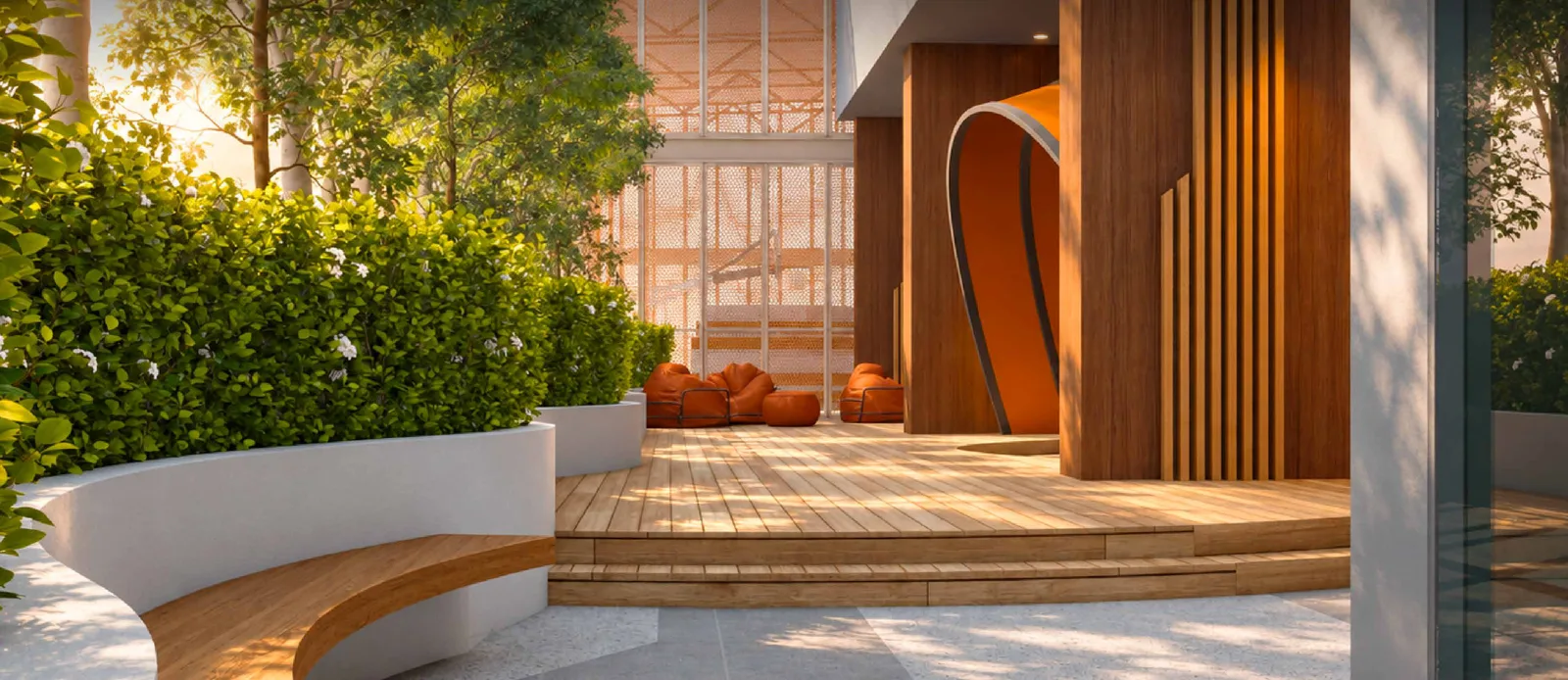 MABA Suitez The Bench, curved timber seating among planters on the Level 6 podium, artist's impression